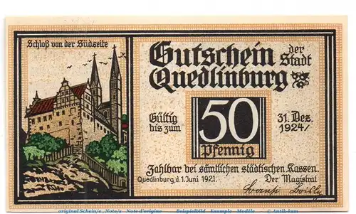 Notgeld Stadt Quedlinburg 1087.2 , 50 Pfennig Nr 3 mit KAHLA in kfr. von 1921 , Sachsen Anhalt Seriennotgeld