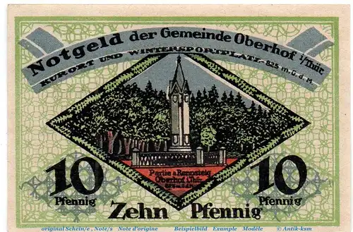 Notgeld Gemeinde Oberhof 996.3 , 10 Pfennig Nr 6 , Wz Flämmchen , in kfr. von 1919 , Thüringen Seriennotgeld