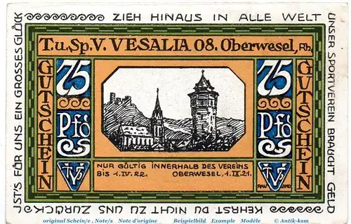 Notgeld Vesalia 08 Oberwesel 1005.1 , 75 Pfennig Schein Nr 2 in kfr. von 1921 , Rheinland Seriennotgeld