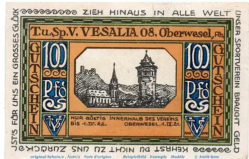 Notgeld Vesalia 08 Oberwesel 1005.1 , 1 Mark Schein Nr 2 in kfr. von 1921 , Rheinland Seriennotgeld