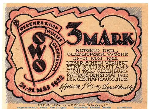 Notgeld Oldenburger Woche OWO , 3 Mark Schein Nr 1 in kfr. von 1922 , Niedersachsen Seriennotgeld