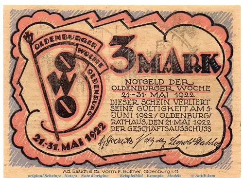 Notgeld Oldenburger Woche OWO , 3 Mark Schein Nr 2 in kfr. von 1922 , Niedersachsen Seriennotgeld