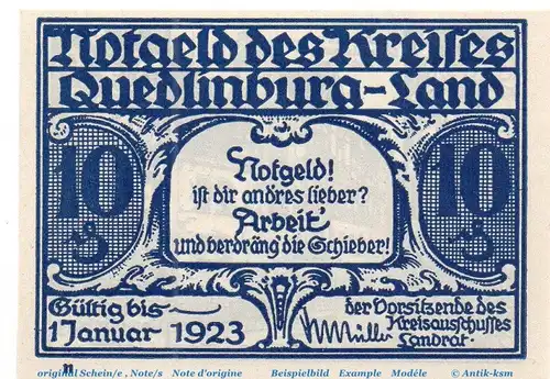 Notgeld Kreis Quedlinburg 1089.1.a , 10 Pfennig Schein - N - o.D. Sachsen Anhalt Seriennotgeld