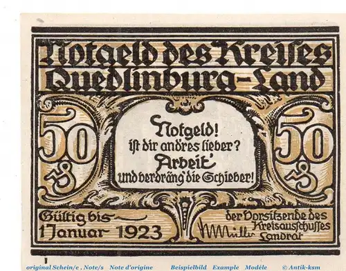 Notgeld Kreis Quedlinburg 1089.1.a , 50 Pfennig Schein - L - o.D. Sachsen Anhalt Seriennotgeld