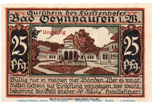 Notgeld W. Klütsch Bad Oeynhausen , 25 Pfennig Musterschein in kfr. o.D. Westfalen Seriennotgeld