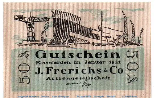 Notgeld J. Frerichs Einswarden 316.2 , 50 Pfennig Nr 5 Wellen in kfr. von 1921 , Niedersachsen Seriennotgeld