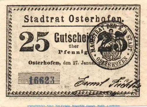 Notgeld Stadt Osterhofen , 25 Pfennig olivbraun in kfr. von 1917 , Bayern Seriennotgeld