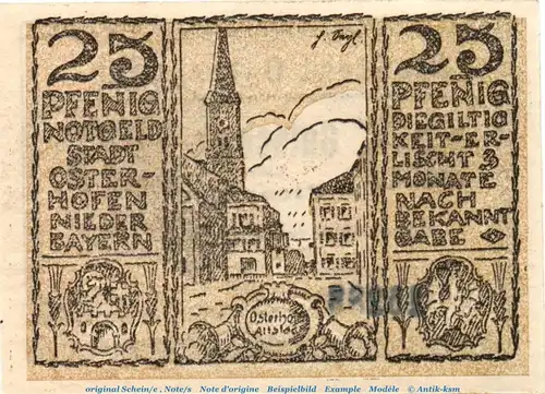Notgeld Stadt Osterhofen , 25 Pfennig olivbraun in kfr. von 1917 , Bayern Seriennotgeld