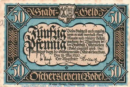 Notgeld Stadt Oschersleben 1028.1 , 50 Pfennig Schein in kfr. von 1920 , Sachsen Anhalt Seriennotgeld