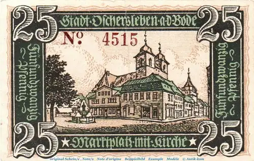 Notgeld Stadt Oschersleben 1028.2 , 25 Pfennig Schein in f-kfr. von 1920 , Sachsen Anhalt Seriennotgeld