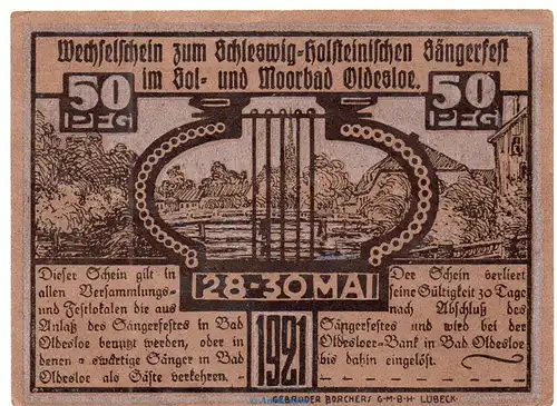 Oldesloe , Notgeld 50 Pfennig Schein in kfr. M-G 1020.1 , Schleswig Holstein 1921 Seriennotgeld