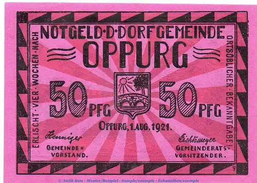 Notgeld Dorfgemeinde Oppurg 1023.1.c , 50 Pfennig 97x64 o.Drfa. in kfr. von 1921 , Thüringen Seriennotgeld
