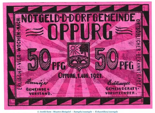 Notgeld Dorfgemeinde Oppurg 1023.1.a , 50 Pfennig Nr.2 o.Drfa. in kfr. von 1921 , Thüringen Seriennotgeld