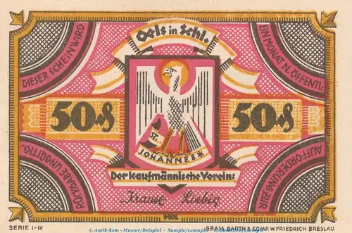 Notgeld Kaufmännischer Verein Oels 1008.1 , 50 Pfennig Schein in kfr. o.D. Schlesien Seriennotgeld