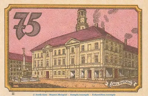 Notgeld Kaufmännischer Verein Oels 1008.1 , 75 Pfennig Schein in kfr. o.D. Schlesien Seriennotgeld