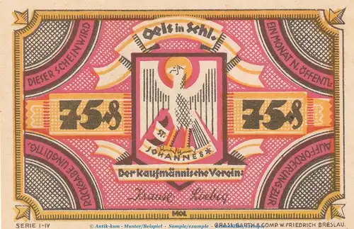 Notgeld Kaufmännischer Verein Oels 1008.1 , 75 Pfennig Schein in kfr. o.D. Schlesien Seriennotgeld