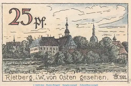 Notgeld Stadt Rietberg 1123.1 , 25 Pfennig Schein in kfr. von 1921 , Westfalen Seriennotgeld