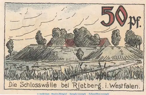 Notgeld Stadt Rietberg 1123.1 , 50 Pfennig Schein in kfr. von 1921 , Westfalen Seriennotgeld
