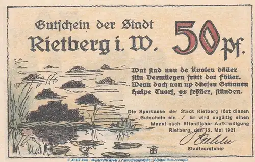 Notgeld Stadt Rietberg 1123.1 , 50 Pfennig Schein in kfr. von 1921 , Westfalen Seriennotgeld