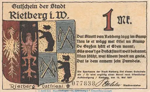 Notgeld Stadt Rietberg 1123.1 , 1 Mark Schein in kfr. von 1921 , Westfalen Seriennotgeld