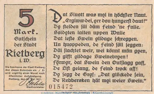 Notgeld Stadt Rietberg 1123.1 , 5 Mark Schein in kfr. von 1921 , Westfalen Seriennotgeld