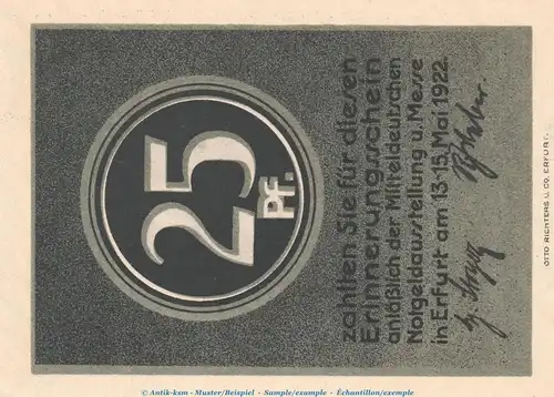 Notgeld Notgeldausstellung Erfurt 343.1 , 25 Pfennig Schein in kfr. von 1922 , Thüringen Seriennotgeld