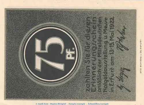 Notgeld Notgeldausstellung Erfurt 343.1 , 75 Pfennig Schein in kfr. von 1922 , Thüringen Seriennotgeld