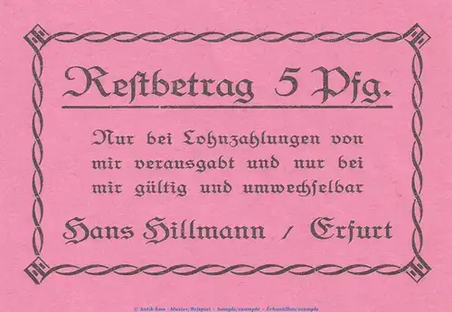 Notgeld Hans Hillamnn Erfurt 342.1 , 5 Pfennig Schein 1.Ausg. in kfr. o.D. Thüringen Seriennotgeld