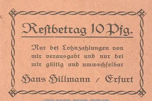 Notgeld Hans Hillamnn Erfurt 342.1 , 10 Pfennig Schein 1.Ausg. in kfr. o.D. Thüringen Seriennotgeld