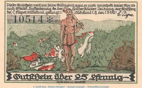 Notgeld C. Pieper Rübeland 1147.1.b , 25 Pfennig Schein Nr.1 in kfr. von 1921 , Sachsen Anhalt Seriennotgeld