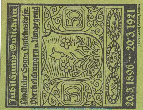 Notgeld Sparkasse Oberheldrungen 995.1 , 50 Pfennig Nr.6 -grün- in kfr. von 1921 , Thüringen Seriennotgeld
