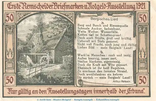 Notgeld Erbuna Remscheid 1116.1.a , 50 Pfennig Schein Nr.2 in kfr. von 1921 , Westfalen Seriennotgeld