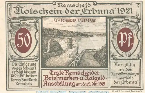 Notgeld Erbuna Remscheid 1116.1.a , 50 Pfennig Schein Nr.2 in kfr. von 1921 , Westfalen Seriennotgeld