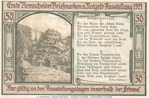 Notgeld Erbuna Remscheid 1116.1.b , 50 Pfennig Nr.1 -o. Druck- in kfr. von 1921 , Westfalen Seriennotgeld
