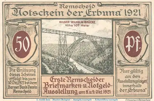 Notgeld Erbuna Remscheid 1116.1.b , 50 Pfennig Nr.1 -o. Druck- in kfr. von 1921 , Westfalen Seriennotgeld