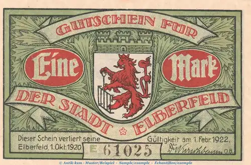 Notgeld Stadt Elberfeld 324.1 , 1 Mark Schein Nr.1 -grün- in kfr. von 1920 , Westfalen Seriennotgeld