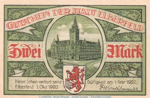 Notgeld Stadt Elberfeld 324.1 , 2 Mark Schein Nr.4 -grün- in kfr. von 1920 , Westfalen Seriennotgeld