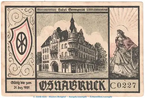 Notgeld Hotel Germania Osnabrück 1030.1 , 50 Pfennig Schein -C- in kfr. o.D. Niedersachsen Seriennotgeld