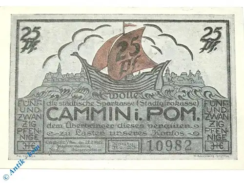 Notgeld Cammin , Kamien , 25 Pfennig Schein , Mehl Grabowski 218.1 , von 1922 , Pommern Serien Notgeld