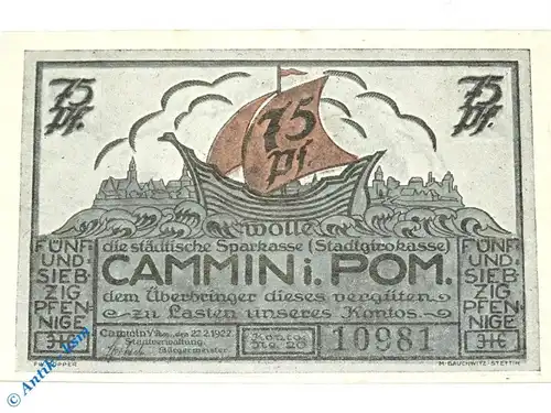 Notgeld Cammin , Kamien , 75 Pfennig Schein , Mehl Grabowski 218.1 , von 1922 , Pommern Serien Notgeld