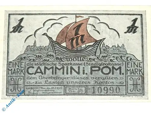 Notgeld Cammin , Kamien , 1 Mark Schein , Mehl Grabowski 218.1 , von 1922 , Pommern Serien Notgeld