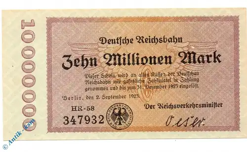 Banknote Reichsbahn , 10 Millionen Mark Schein in kfr. RVM-4 , S.1014 , von 1923 , deutsche Reichsbahn - Inflation