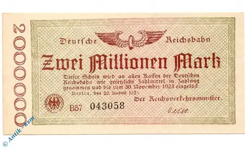 Banknote , 2 Millionen Mark Schein in kfr. RVM-2 , S.1012 , deutsche Reichsbahn 1923 Inflation