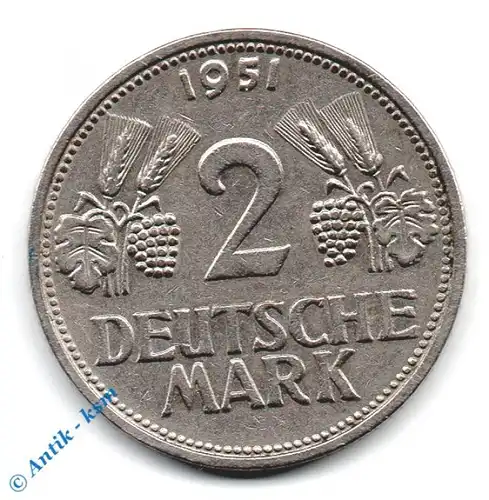 Kursmünze Deutschland , 2 Mark 1951 G , Weinblätter und Trauben , ss - vz , Jäger 386 , Bundesrepublik Deutschland