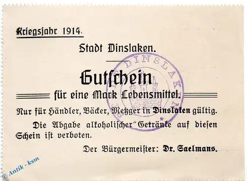 Notgeld Dinslaken , 1 Mark Schein in f-kfr. Dießner 83.1.a , von 1914 , Rheinland Notgeld von 1914/1915