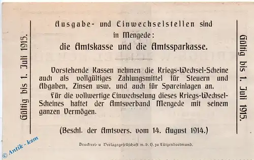 Notgeld Mengede , 2 Mark Schein in kfr. Dießner 228.II.2.d , von 1914 , Westfalen Notgeld 1914 1915