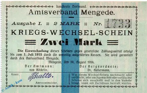 Notgeld Mengede , 2 Mark Schein in kfr. Dießner 228.II.2.d , von 1914 , Westfalen Notgeld 1914 1915