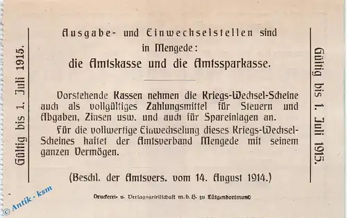 Notgeld Mengede , 5 Mark Schein in kfr. Dießner 228.II.2.h , von 1914 , Westfalen Notgeld 1914 1915