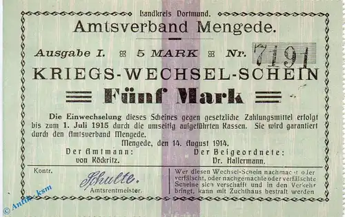 Notgeld Mengede , 5 Mark Schein in kfr. Dießner 228.II.2.h , von 1914 , Westfalen Notgeld 1914 1915