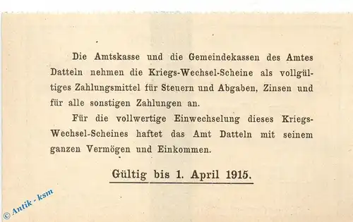 Notgeld Amt Datteln , 2 Mark Schein in kfr. Dießner 74.3.d , 13.08.1914 , Westfalen Notgeld 1914 1915